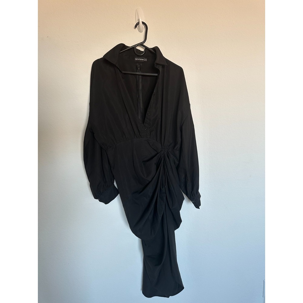 Black Balloon Sleeve Gathered Skirt Midi Shirt Dress